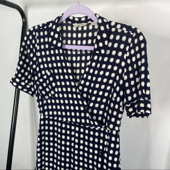𝅺11•1•tylho Anthropologie Navy Blue Polka Dot Wrap Dress - Picture 2 of 11